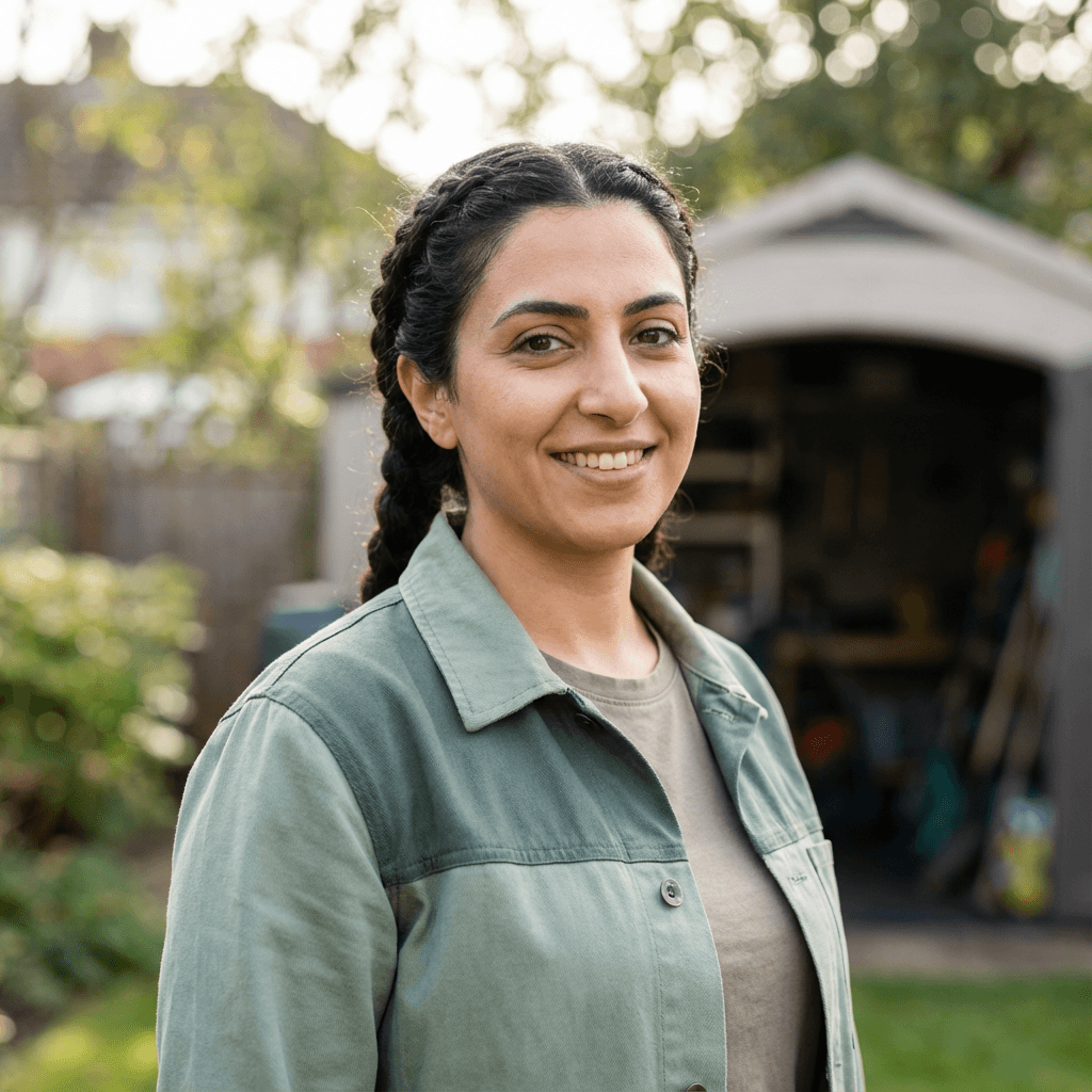 Content female car buyer in her 30s in front of a used SUV