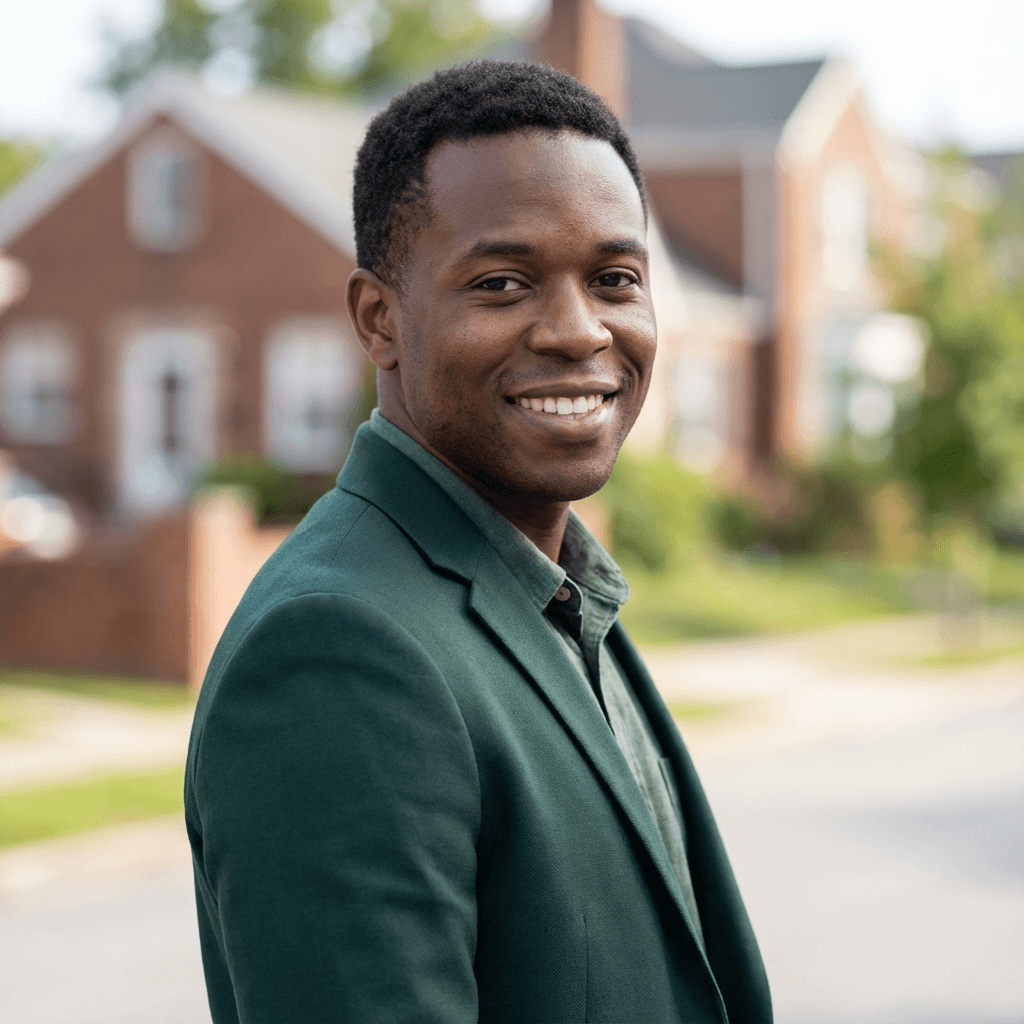 Olu Jonah standing beside a used car with a clipboard in hand