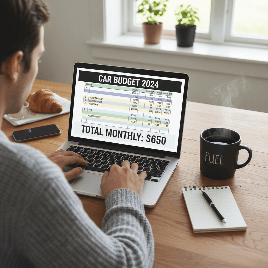 Person planning a car budget on a laptop at home