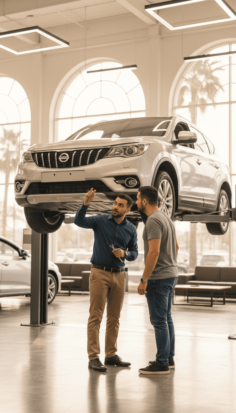 Salesperson explaining vehicle condition to a customer in a showroom
