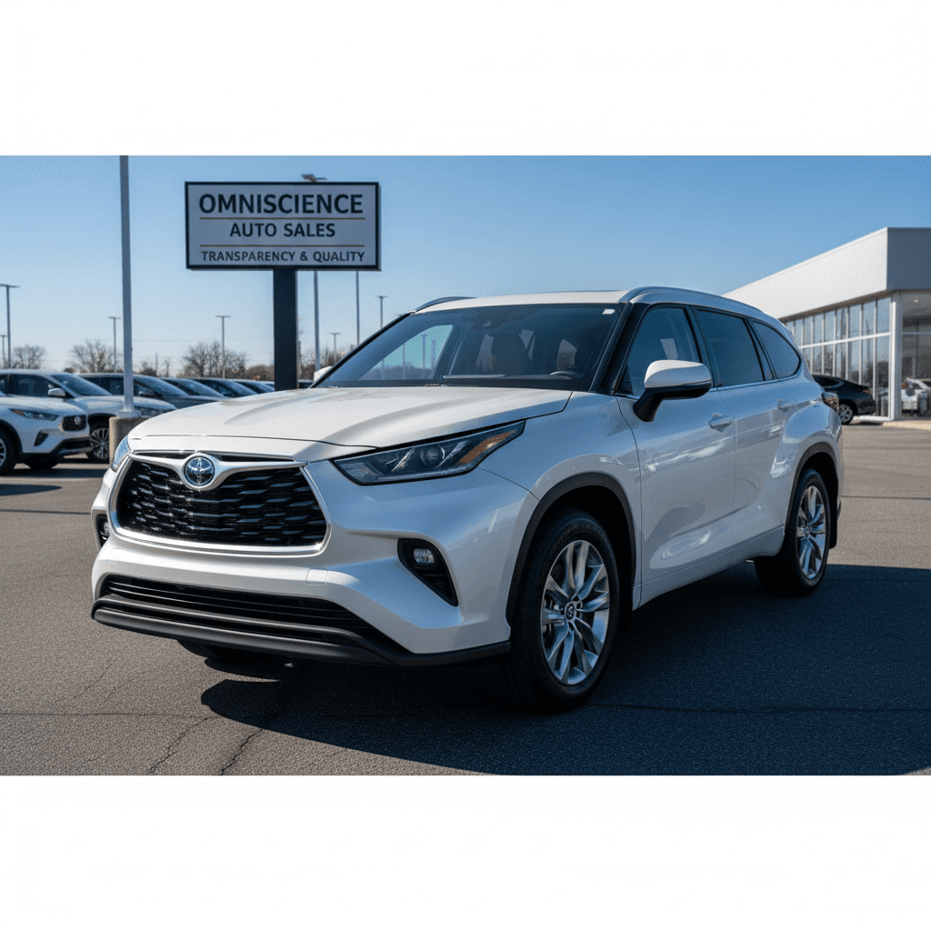 White 2023 Toyota Highlander Limited Hybrid in a dealership lot, front and side view