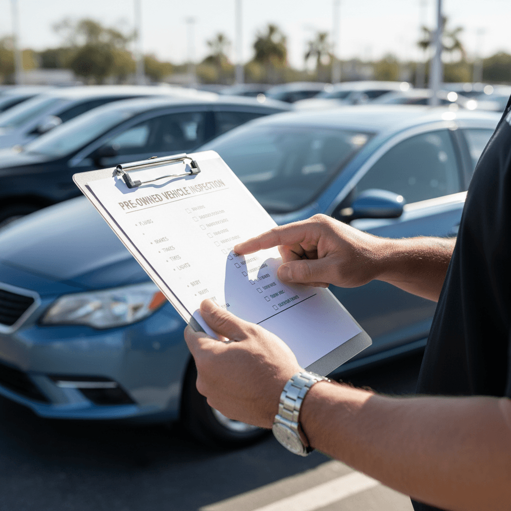 Hand reviewing vehicle condition checklist beside a used car