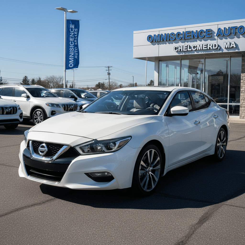 White 2016 Nissan Maxima Platinum sedan on a dealership lot