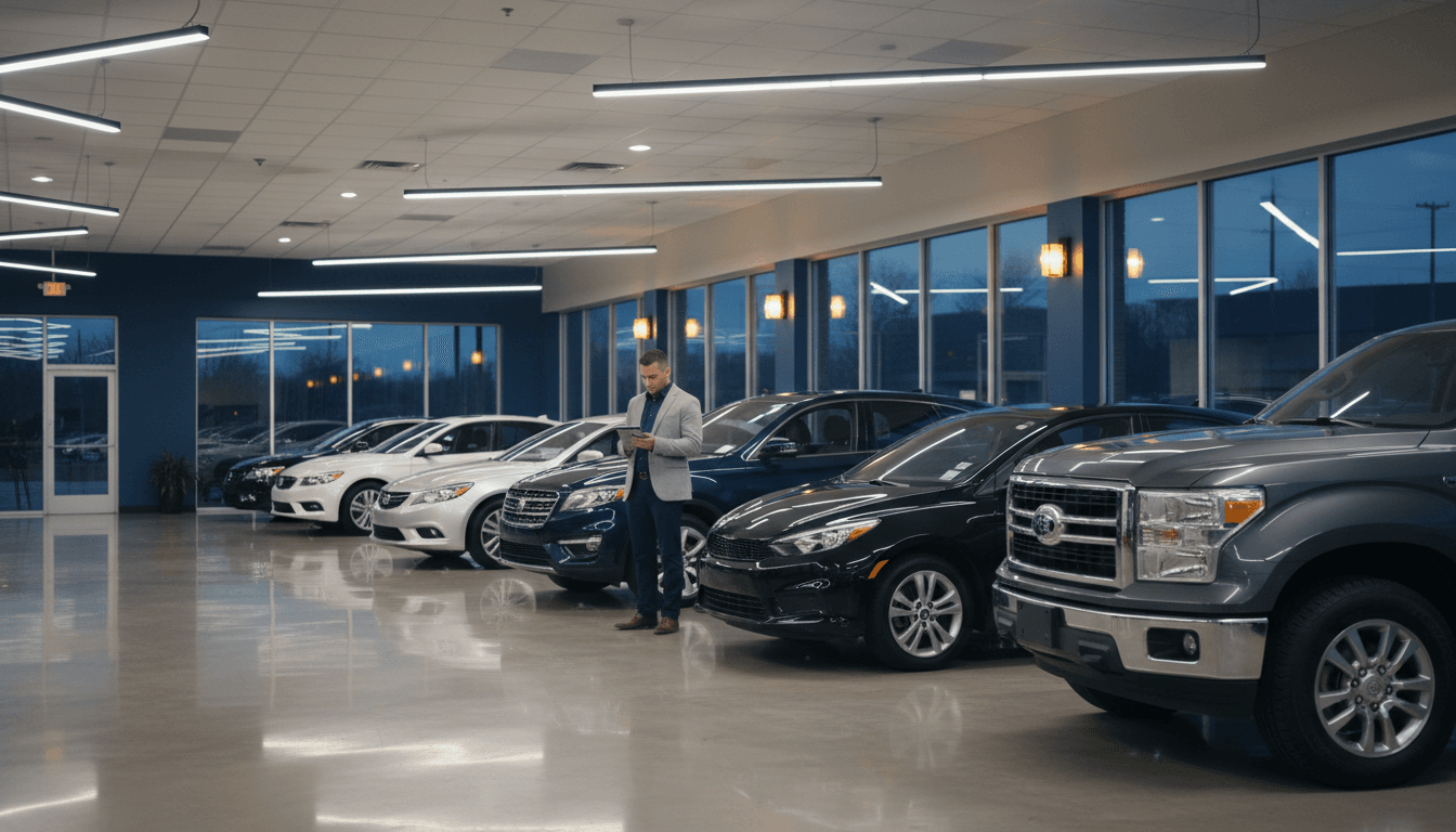 Dealer reviewing a car in a well-lit showroom