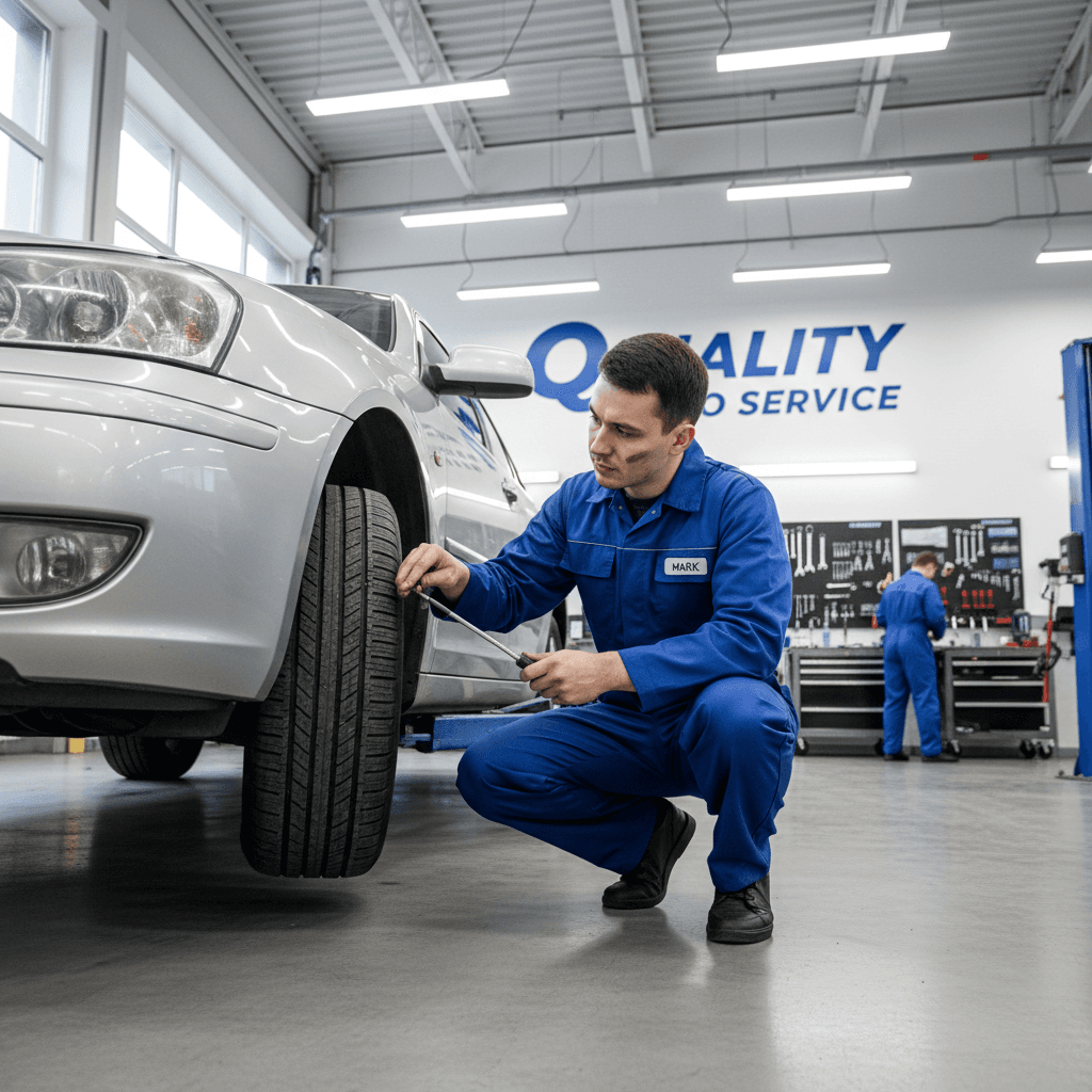 Mechanic inspecting tire condition on a used sedan
