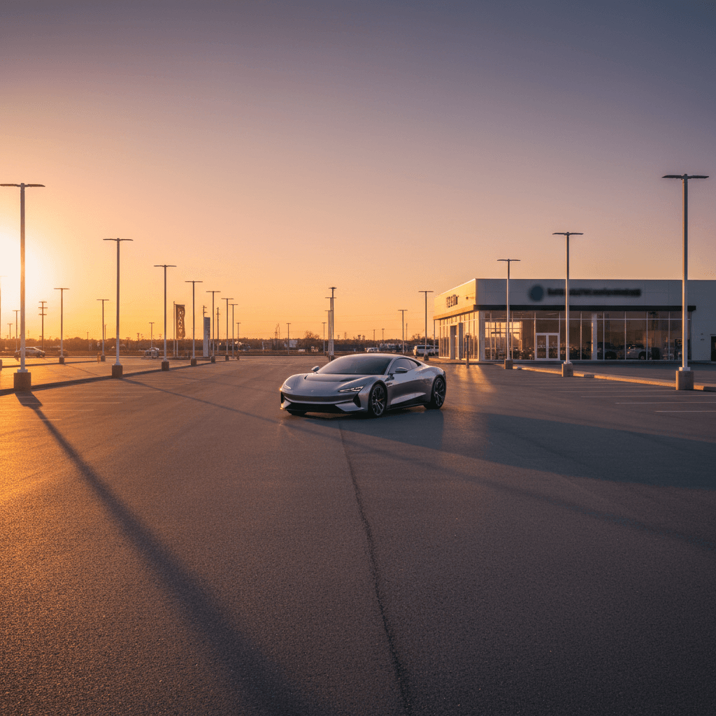 Quiet dealership lot with a single used vehicle at sunset