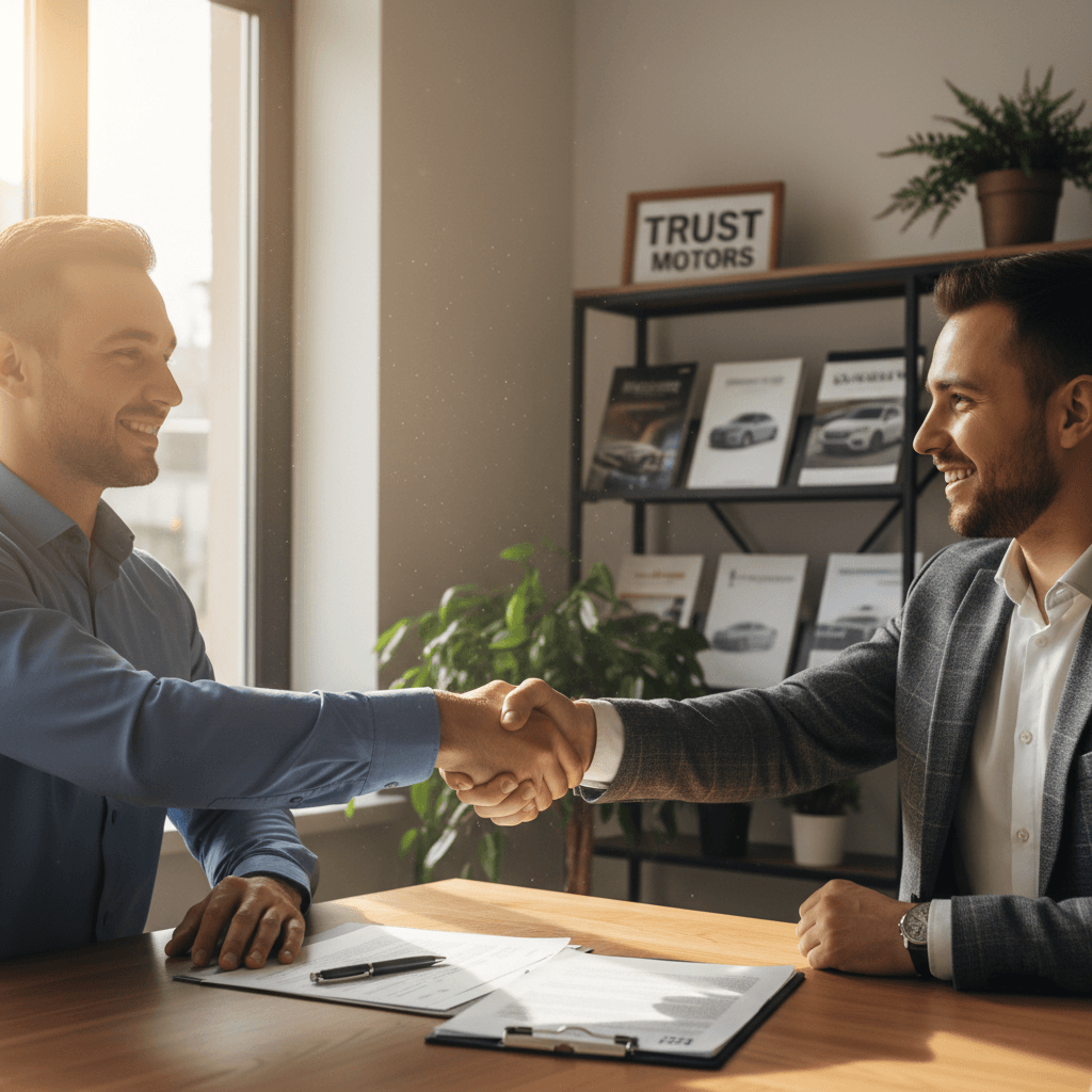 Buyer and dealer shaking hands over approved purchase paperwork