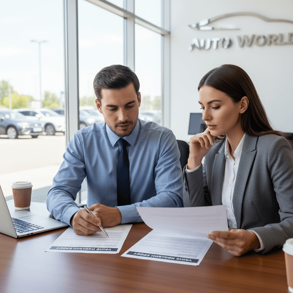 Customer and dealer reviewing vehicle history report together