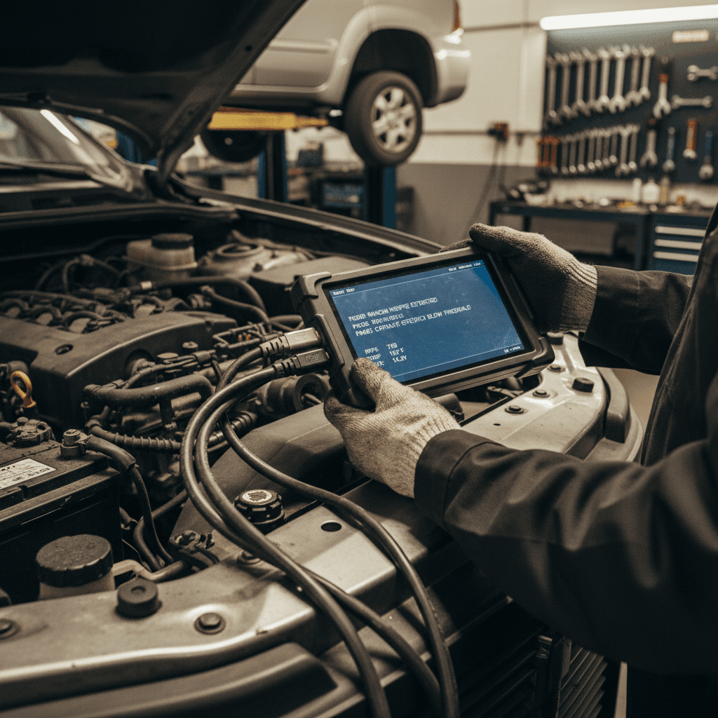 A mechanic pointing at a vehicle condition report beside an open car hood