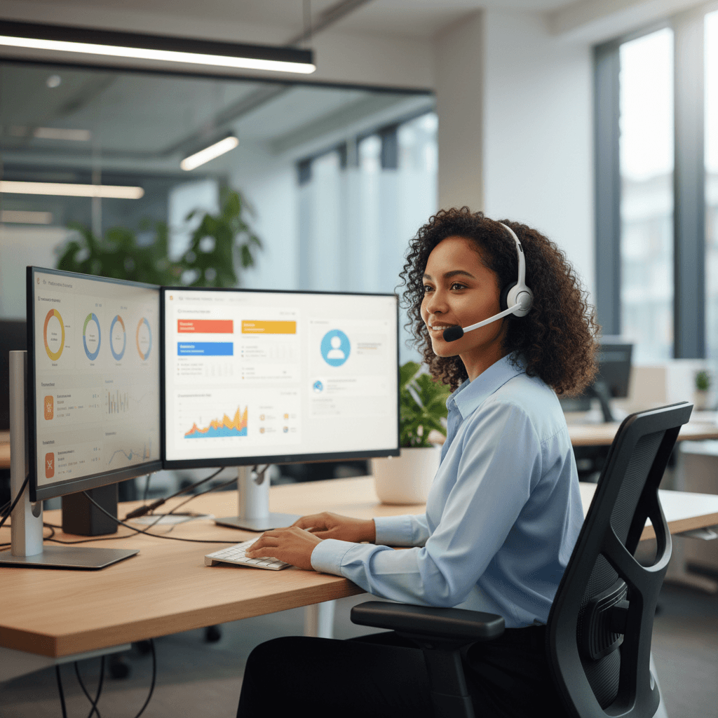 Customer service representative at desk wearing headset, monitoring dual computer screens in modern office environment