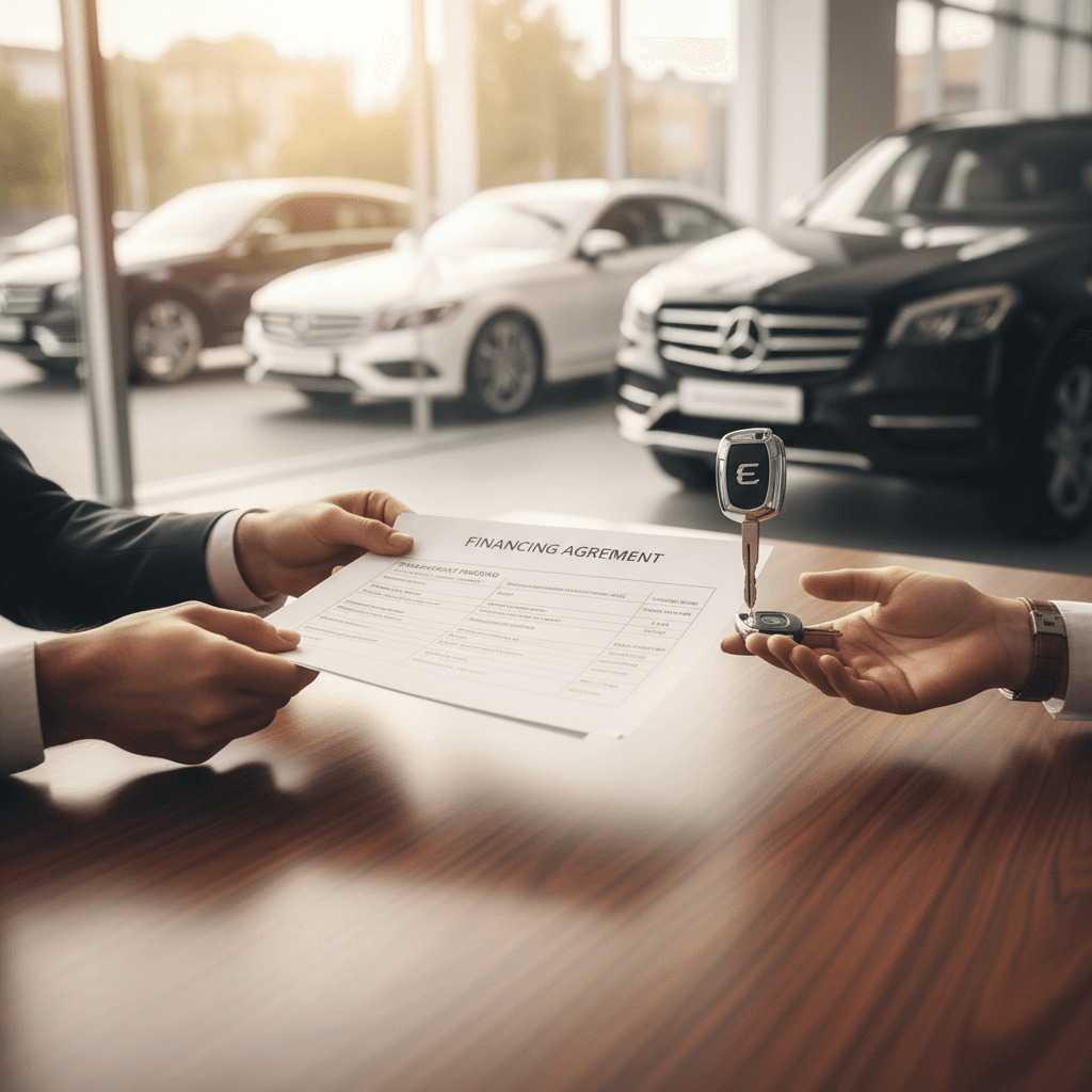 Hands holding a vehicle history report in a dealership office