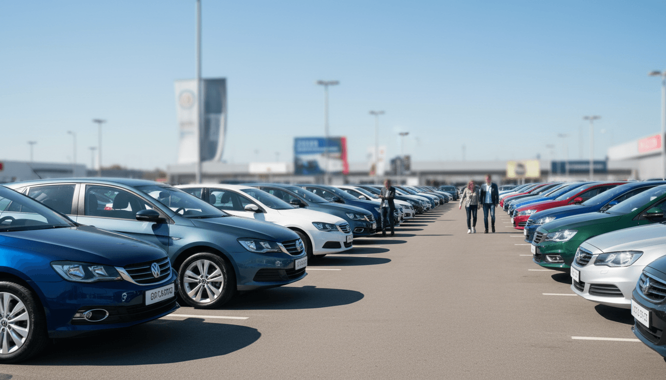 A wide shot of assorted used cars parked in rows for a wholesale auction