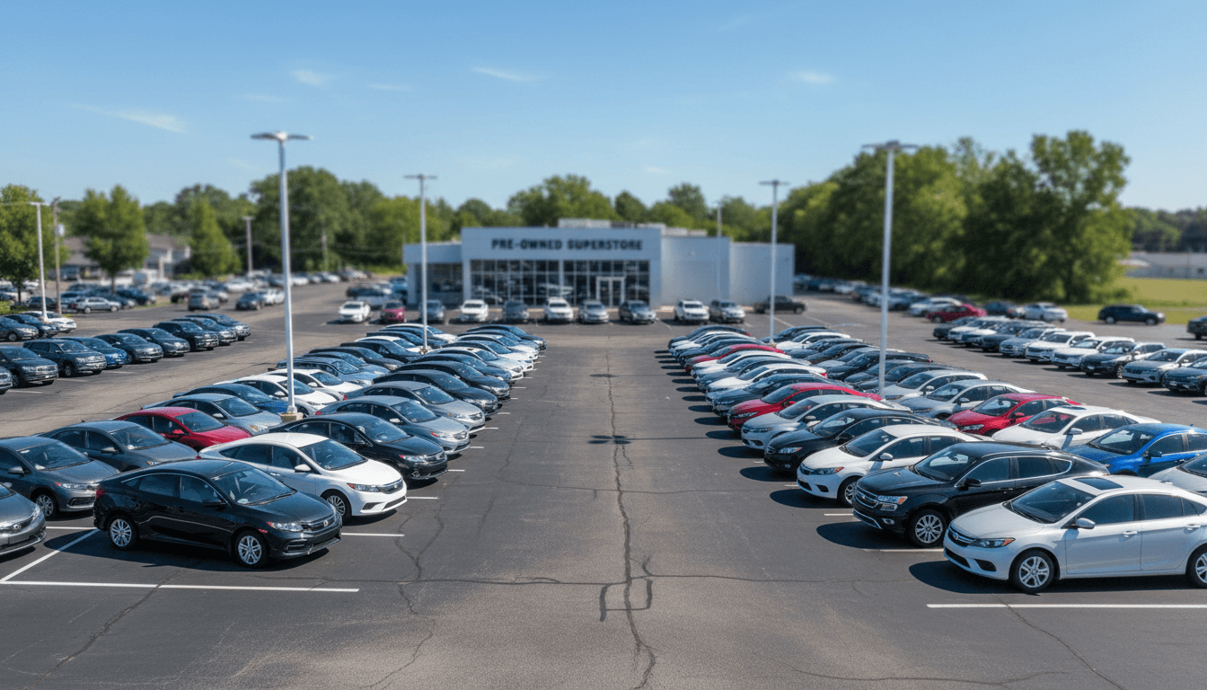Wide view of pre-owned vehicle lot with diverse sedans, SUVs, and trucks arranged in organized rows under clear skies