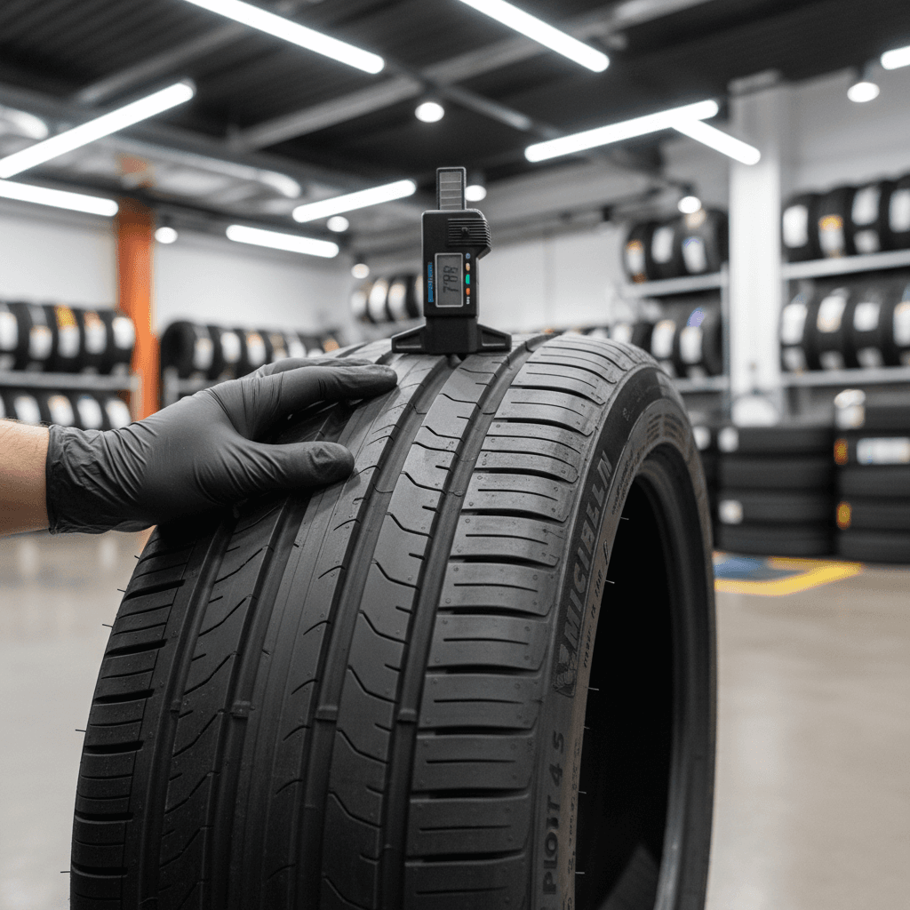 A technician checking tire condition with a tread depth gauge in a service bay