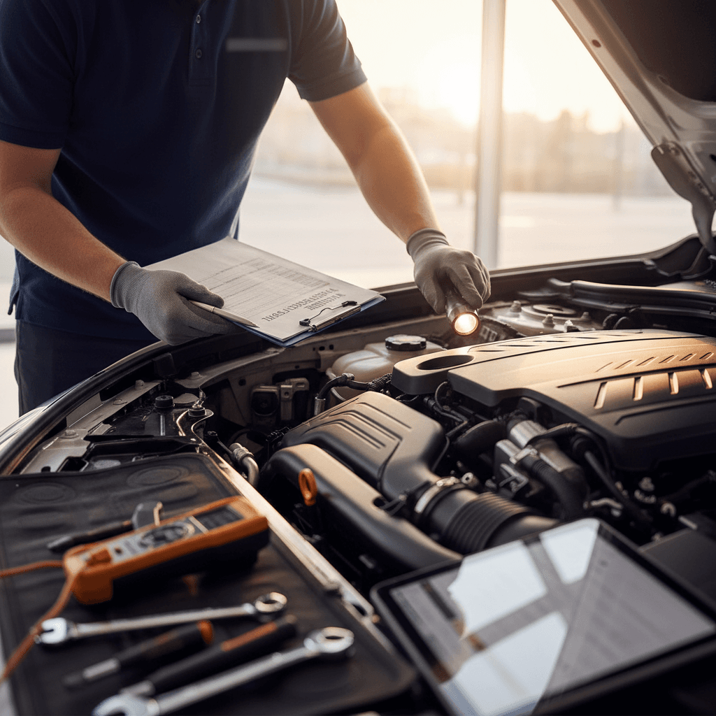 Mechanic inspects a used car engine during reconditioning